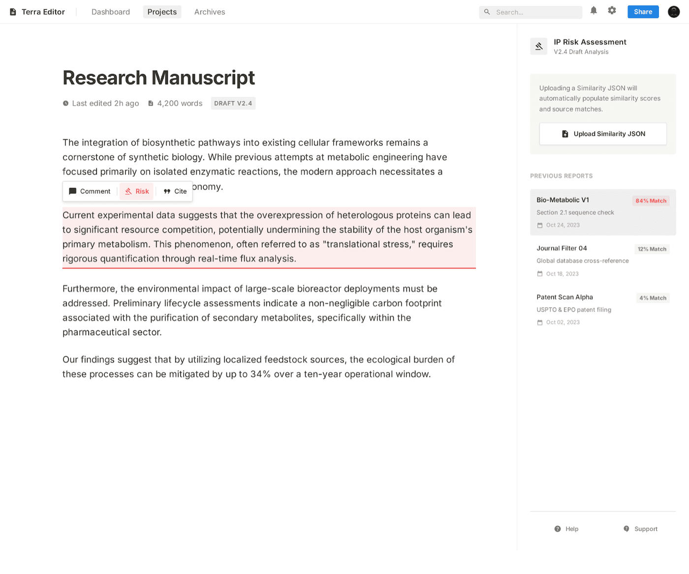 Research manuscript with a risk annotation sidebar open